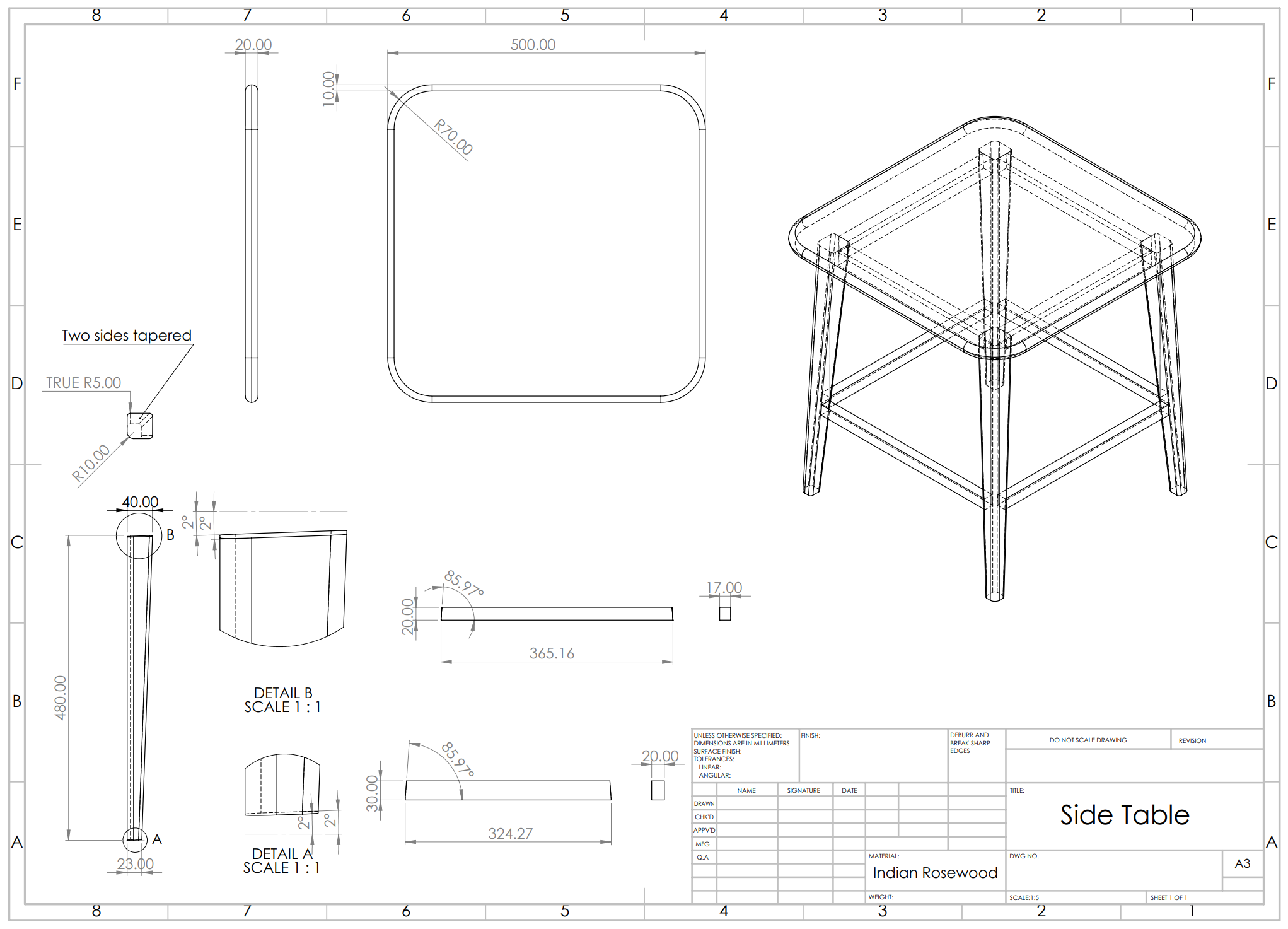 technical drawing of table